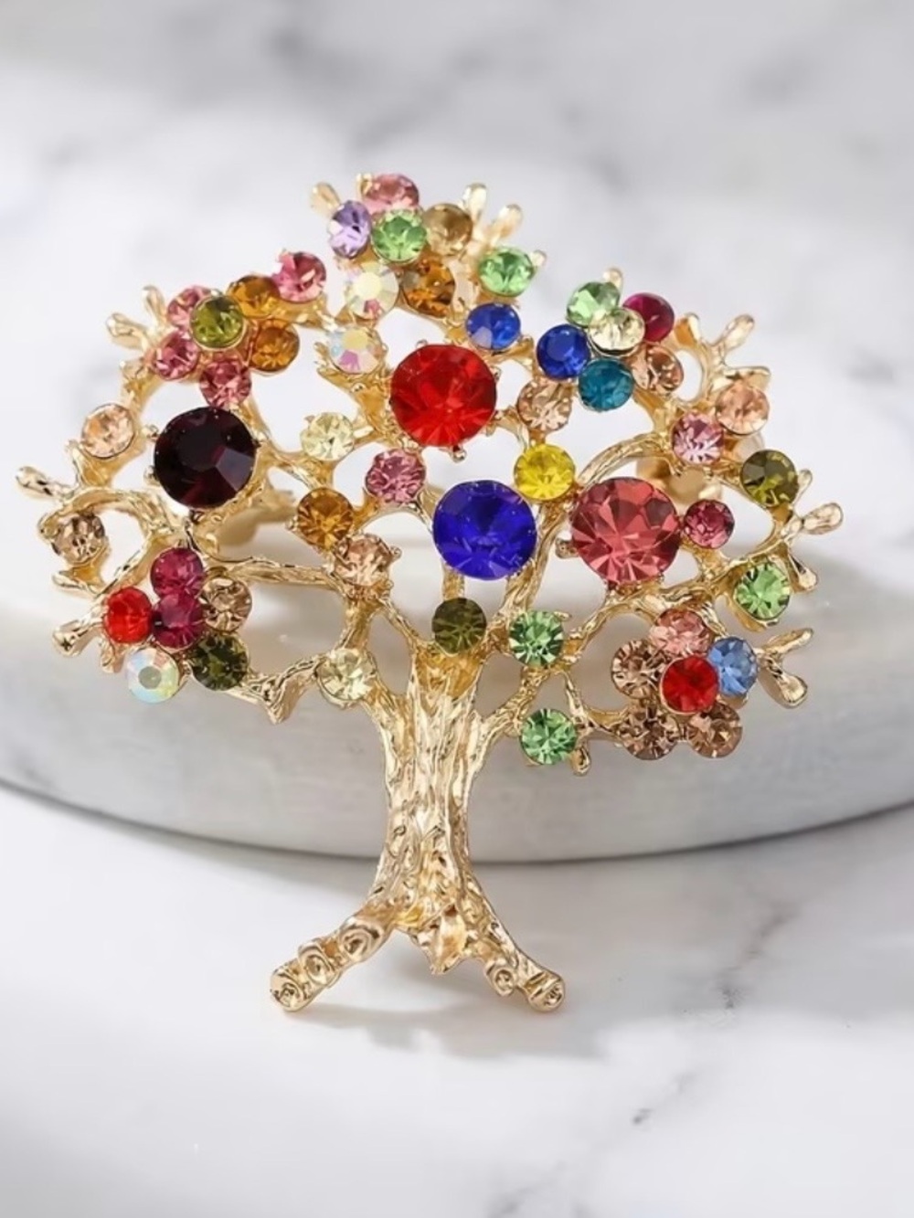 Tree of Life Brooch Multicolor Rhinestone Crystal Gold Tone Statement Pin